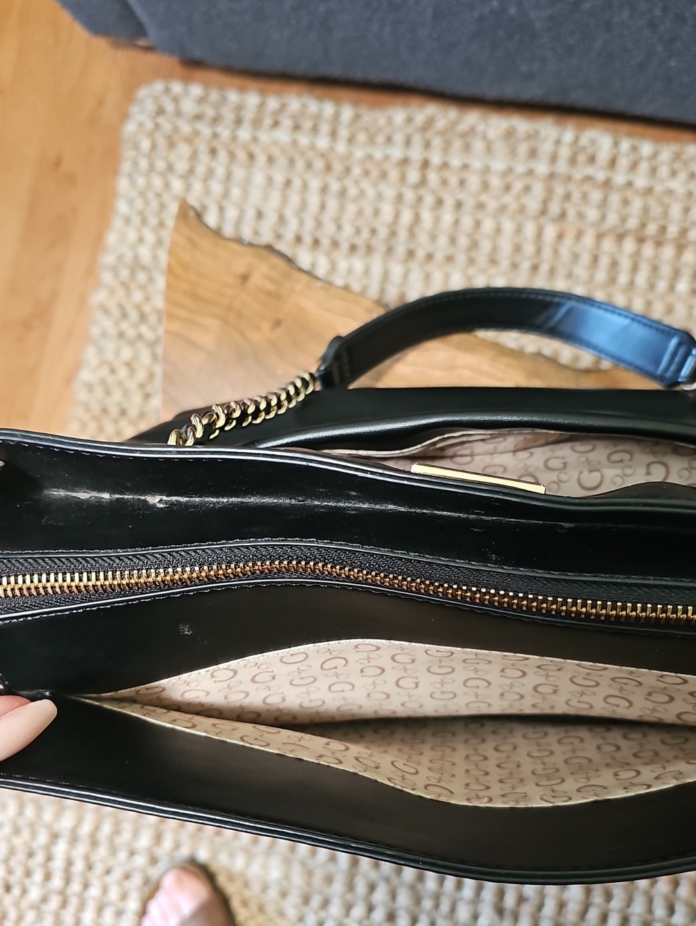 GUESS Black Faux Leather Tote with Gold Chain Straps - Picture 5 of 6